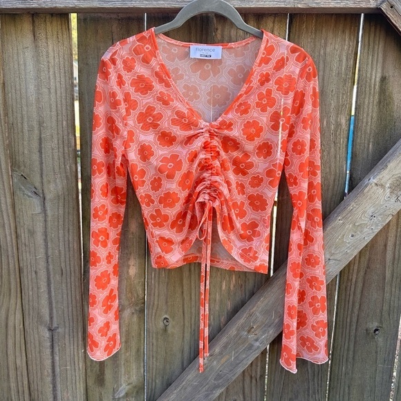 Florence by Mills exclusive ABOUT YOU ‘Foggy’ Flare Sleeve Y2K Top in Orange - Picture 14 of 14